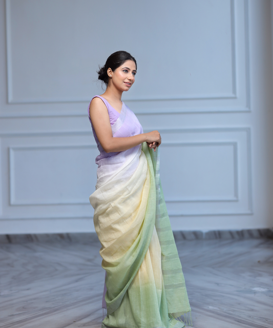 Mauve yellow green ombre linen zari saree