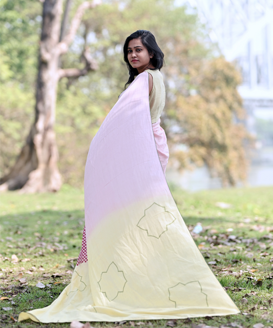 Pink yellow blockprinted khadi cotton saree