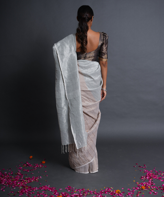 Blue beige handwoven linen zari saree