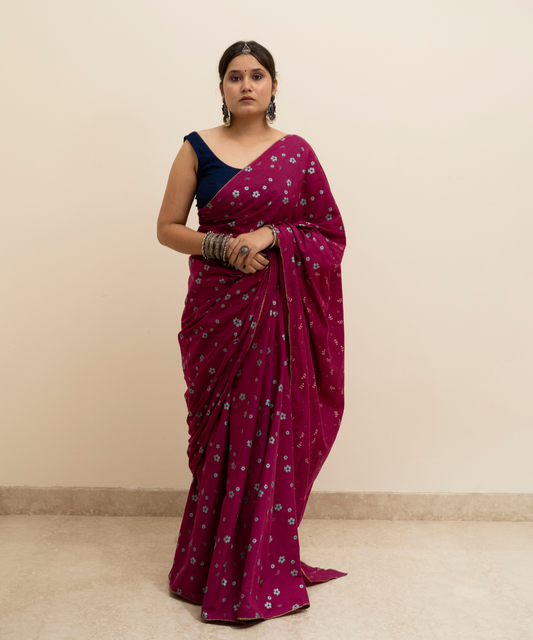 Wine blockprinted cotton mulmul saree