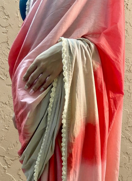 Pink red ombré cotton mulmul saree