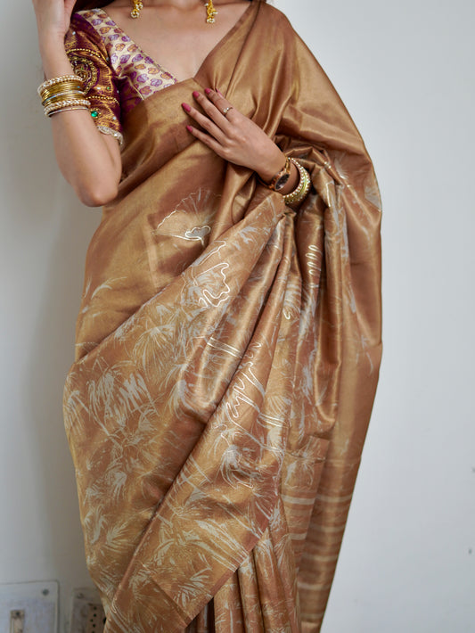 Brown abstract tissue silk saree