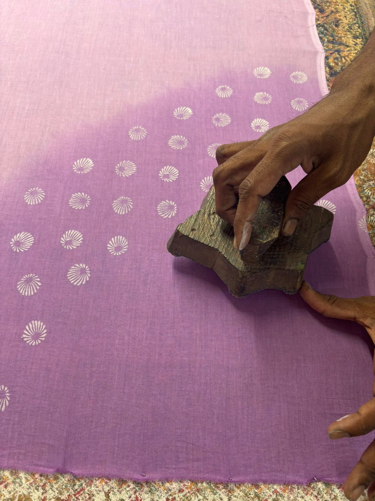 Lavender summer dew block printed mulmul saree