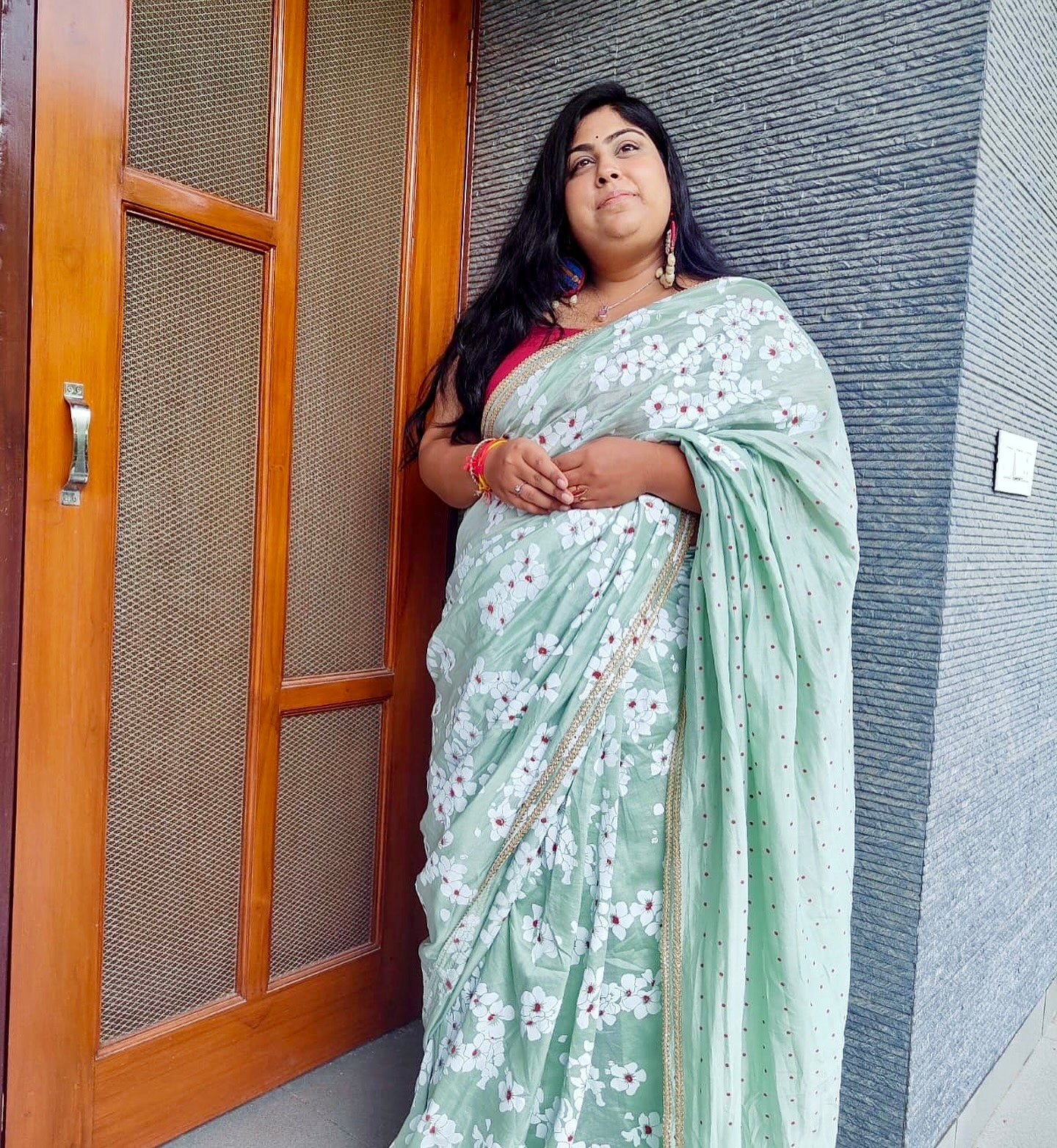 Mint blockprinted chanderi silk saree