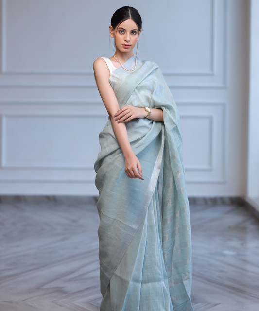 Mint handwoven linen zari saree