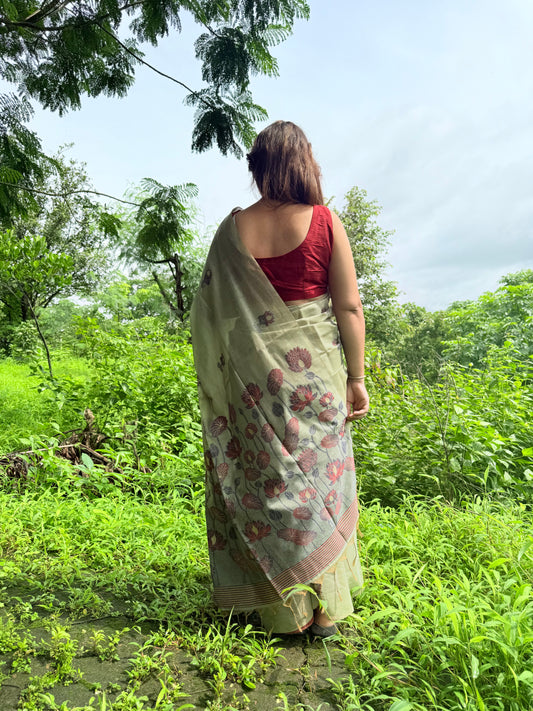Green chanderi cotton lotus saree