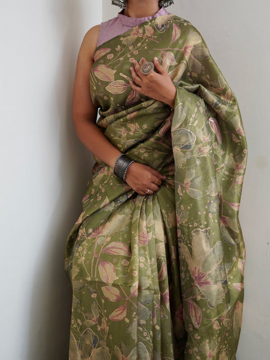 Green abstract tissue silk saree