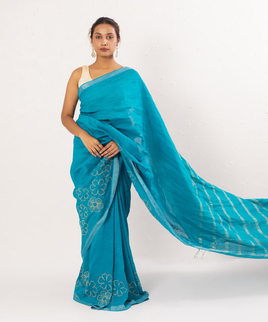 Blue handwoven linen embroidered saree