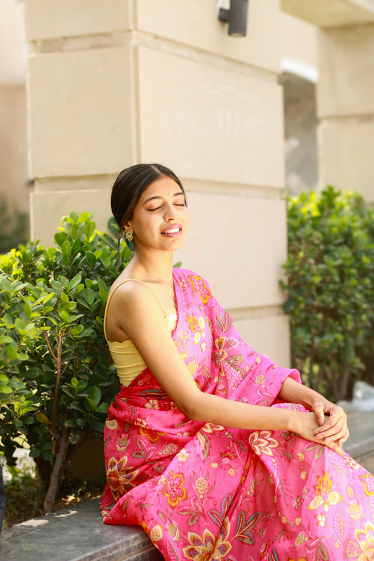 Pink chiffon saree