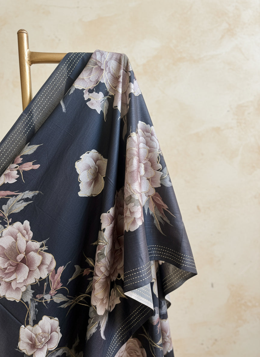 Bluish-black floral saree