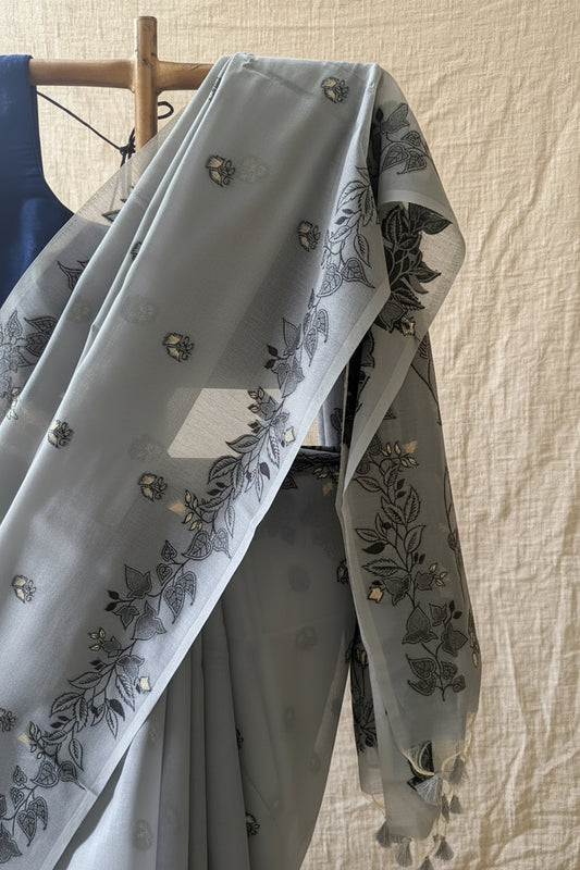 Grey Chanderi Jamdani saree