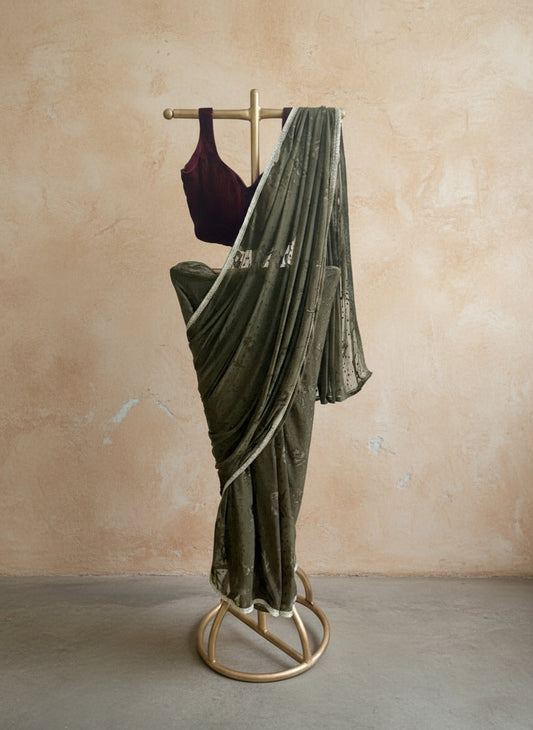 Olive Green Appliqué Saree