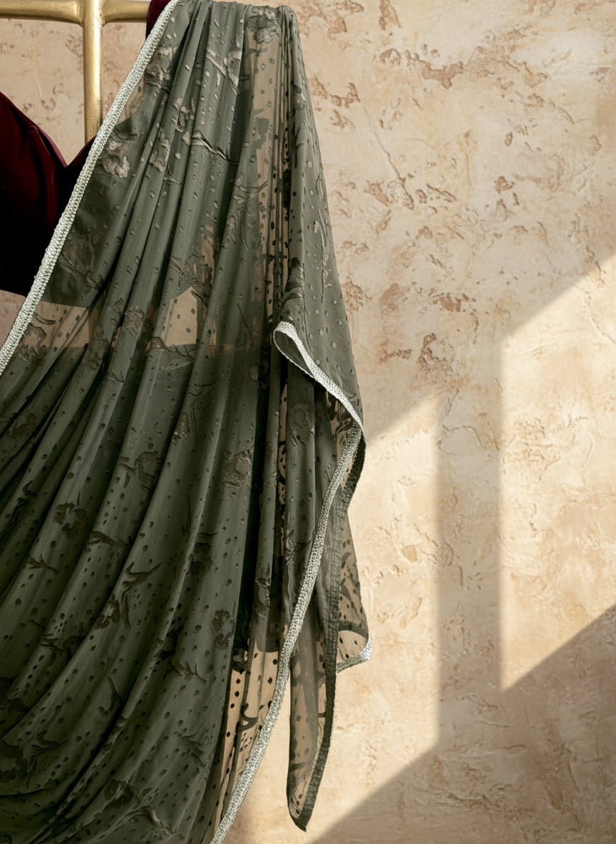Olive Green Appliqué Saree