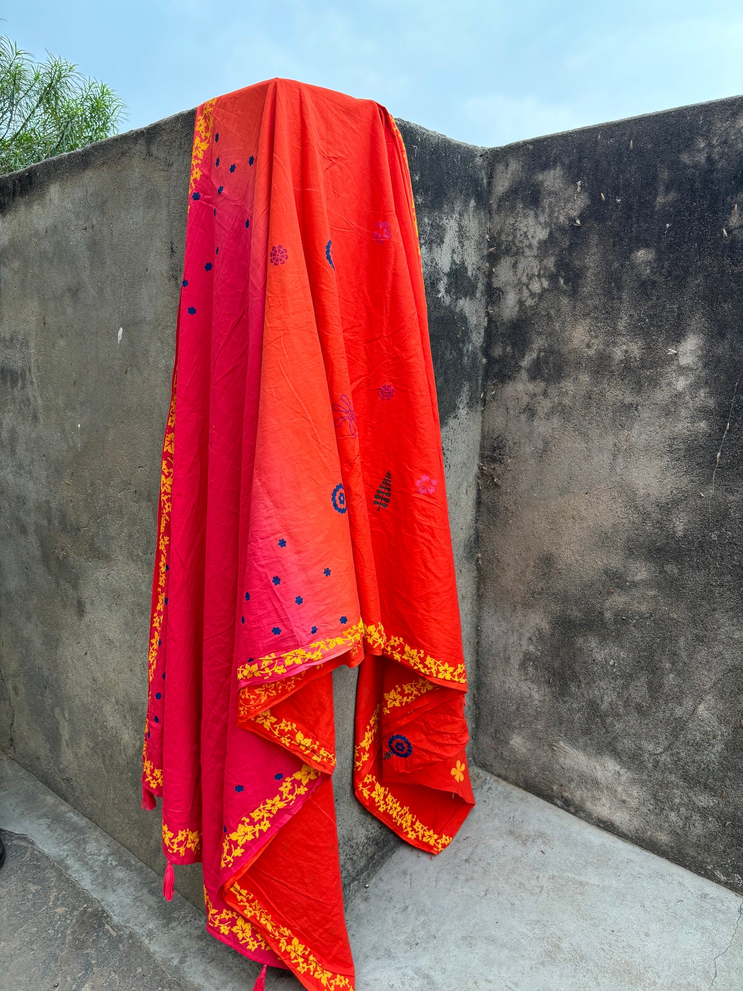 Orange pink blockprinted mulmul saree