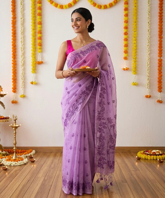 Lilac chanderi saree