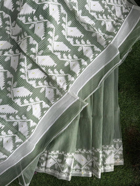 Sage green & White Bengal Jamdani Cotton Saree
