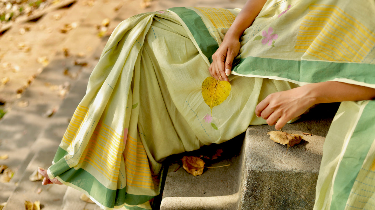 Sage green blockprinted fine cotton saree