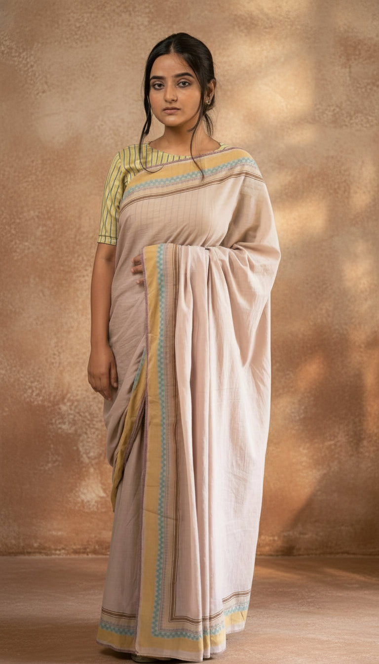 Old rose hand blockprinted cotton saree