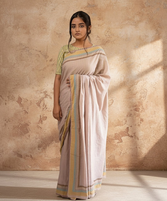 Old rose hand blockprinted cotton saree