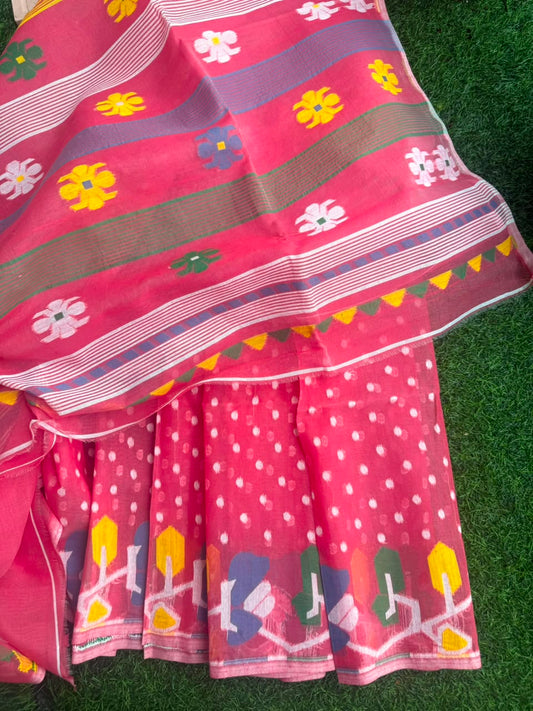 Carrot Red Bengal Jamdani saree