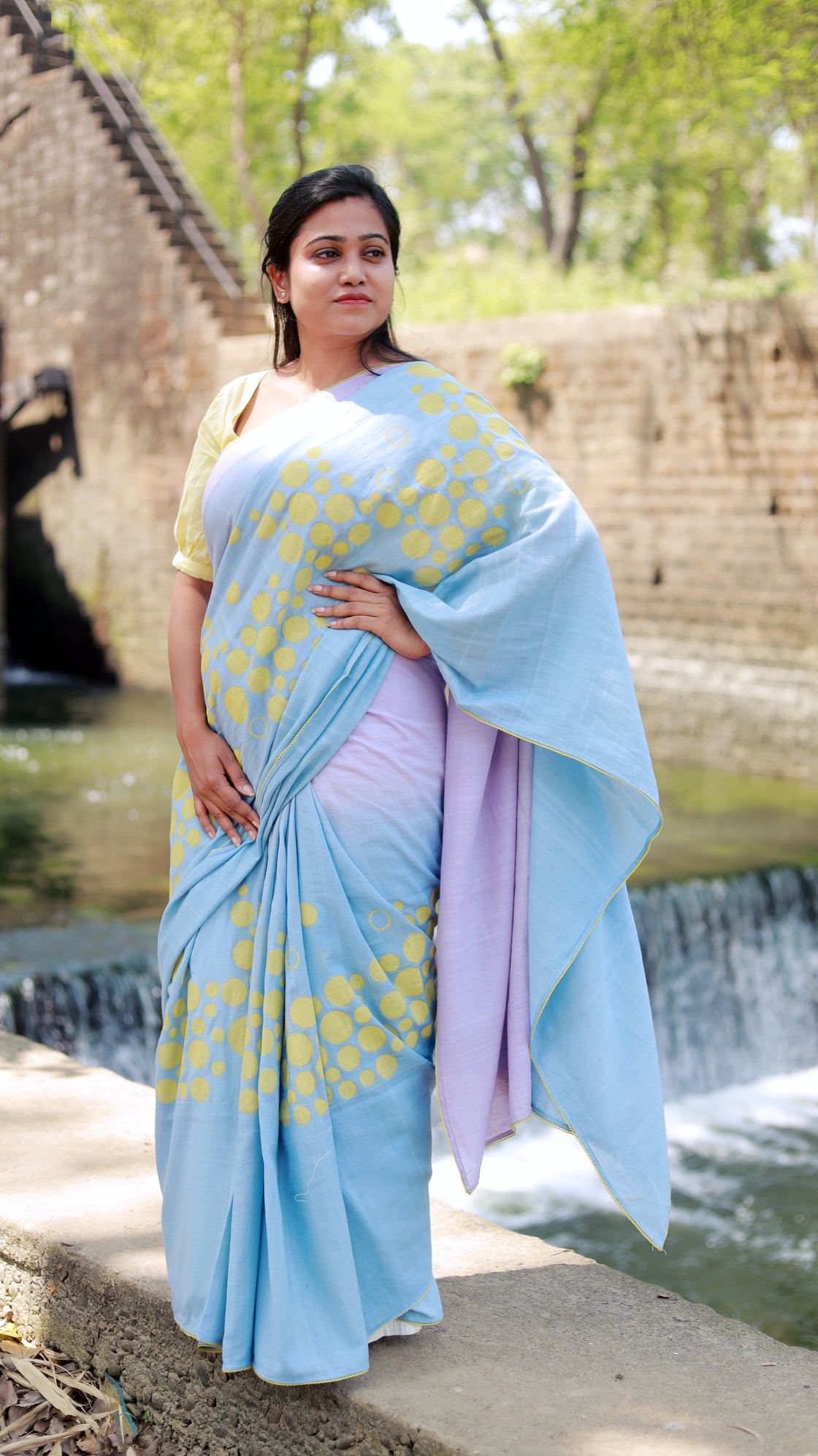 Blue lavender blockprinted khadi cotton saree