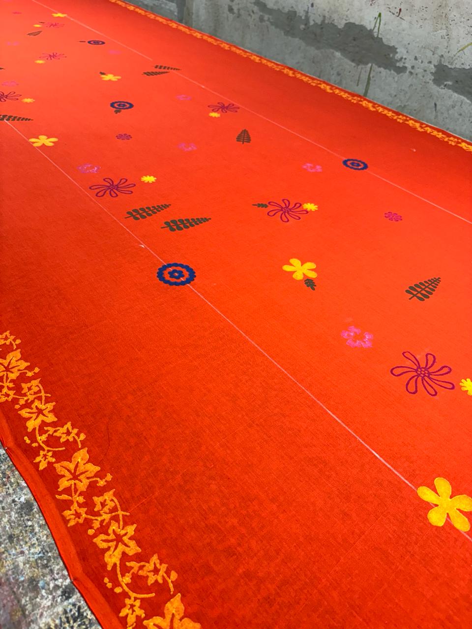 Orange pink blockprinted mulmul saree