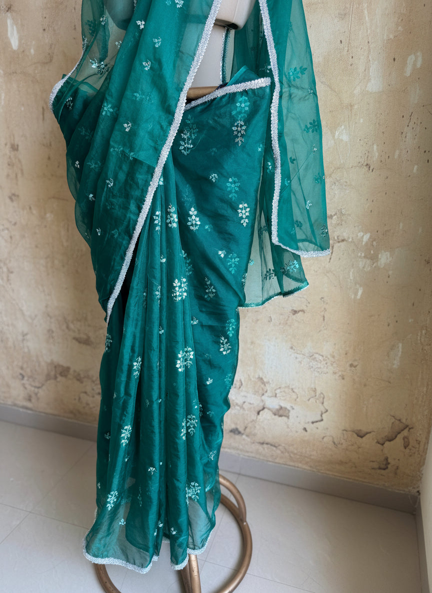 Green organza saree