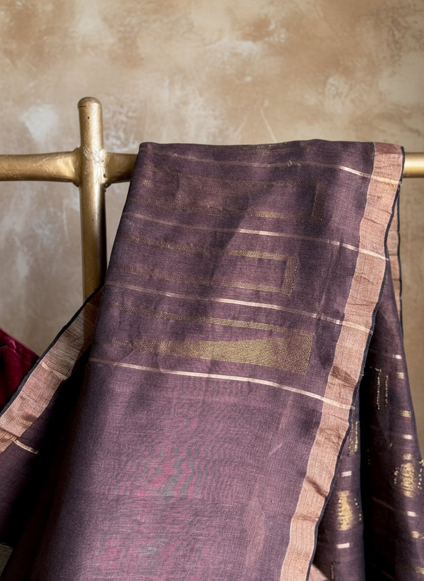 Maroon brown handwoven linen jamdani saree