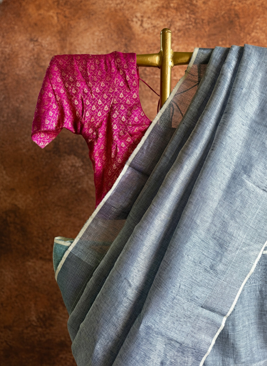 Blue linen zari saree
