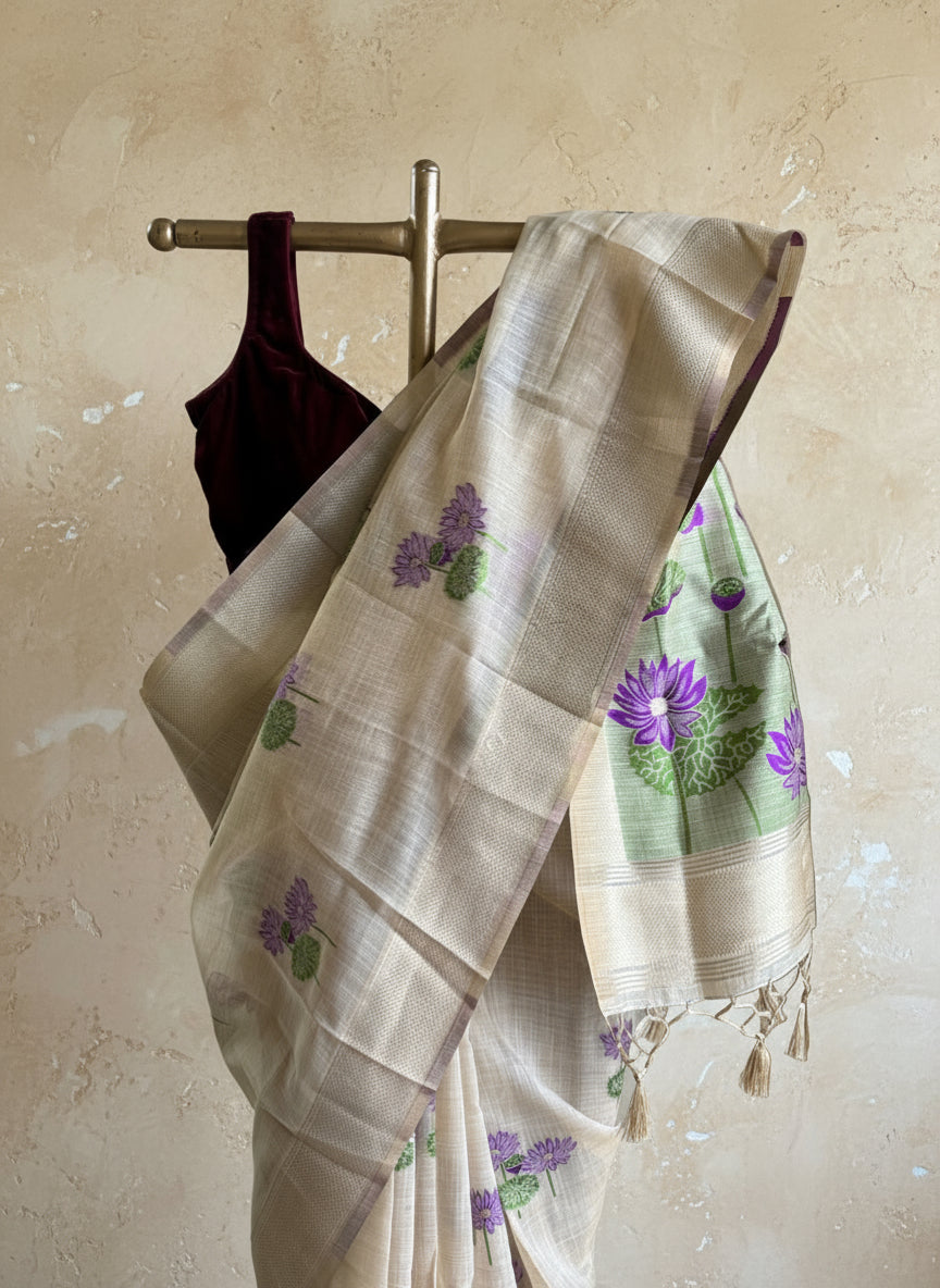 Happy purple lotus chanderi cotton saree