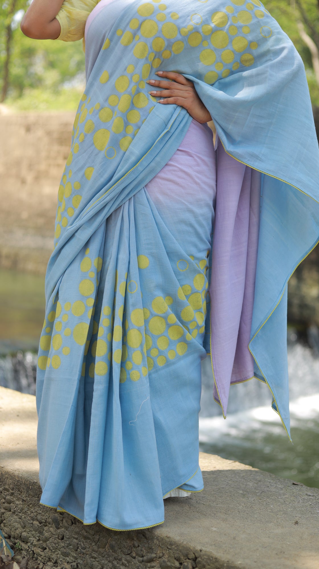 Blue lavender blockprinted khadi cotton saree