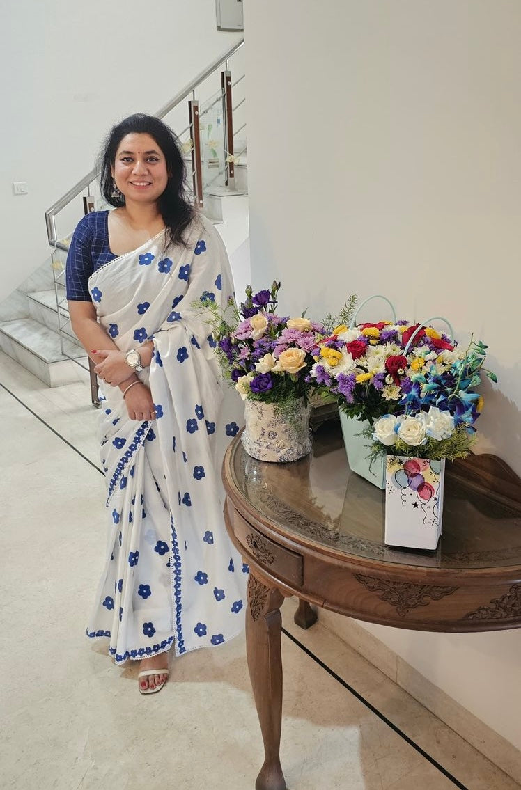 White summer bloom block printed mulmul saree