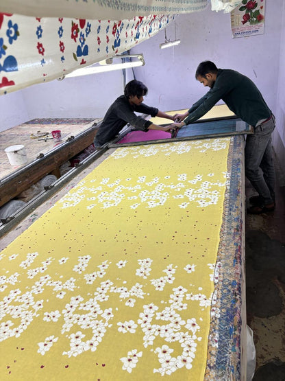 Yellow summer child block printed mulmul saree