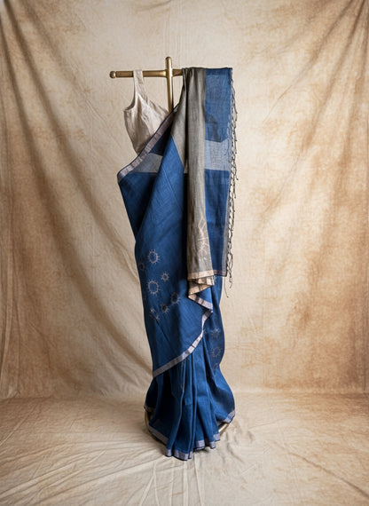 Blue jamdani linen saree
