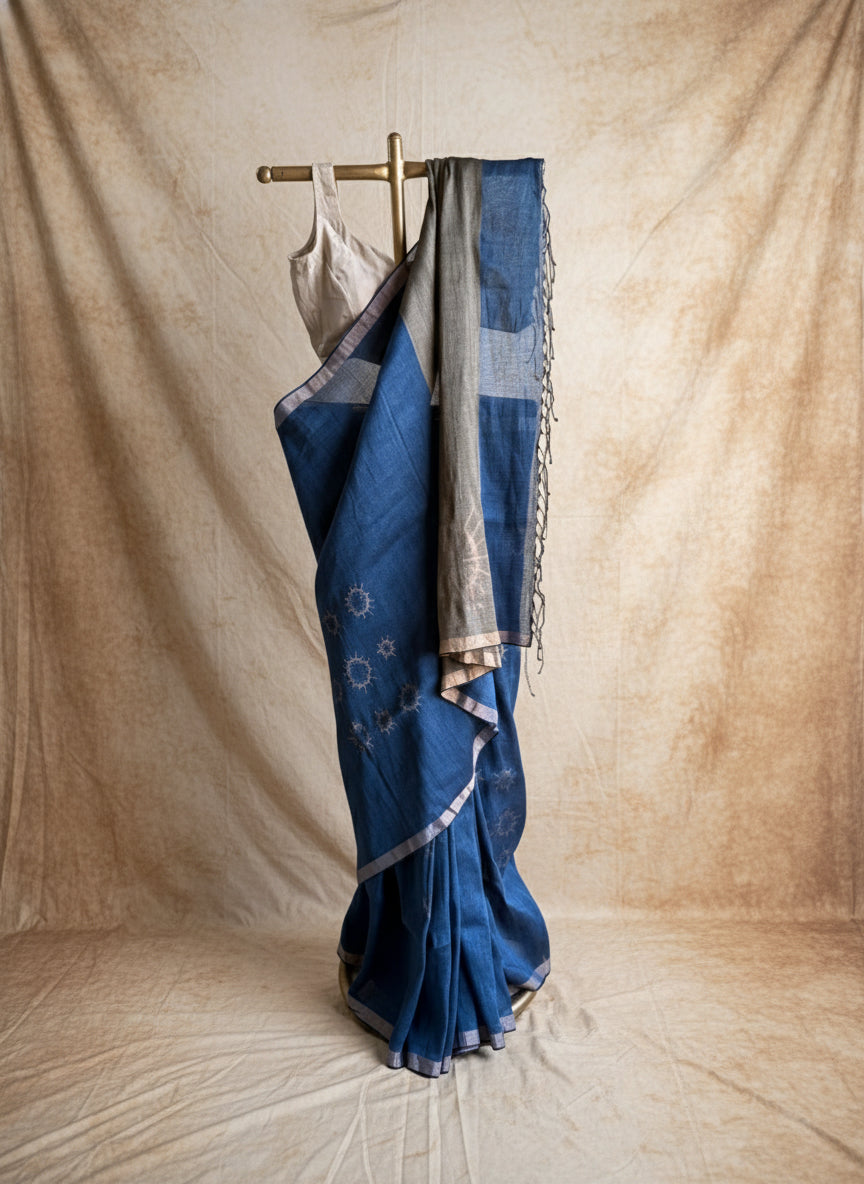 Blue jamdani linen saree