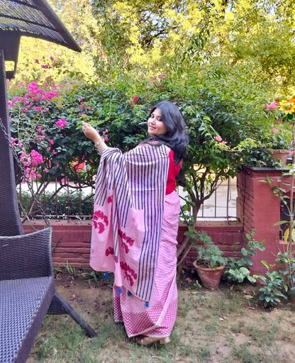 Pink summer soul block printed mulmul saree