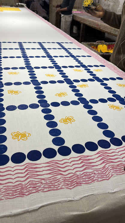 White yellow summer dream block printed mulmul saree