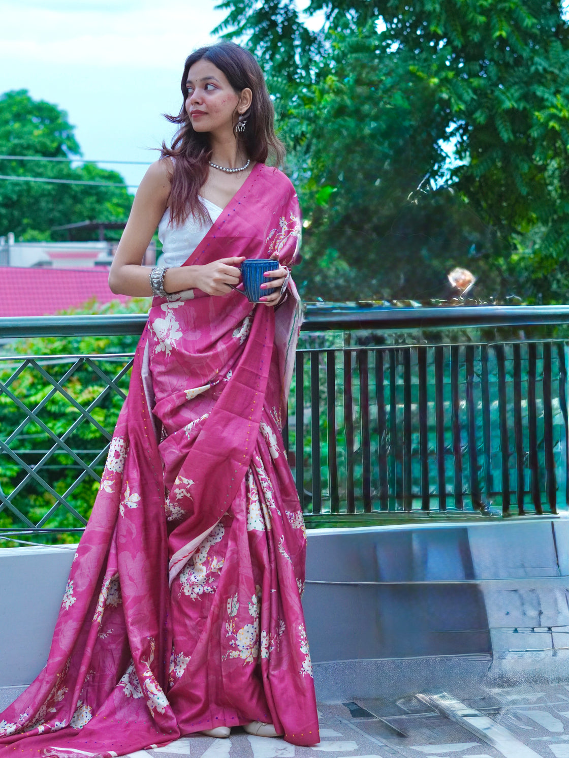 Pink floral French knot saree