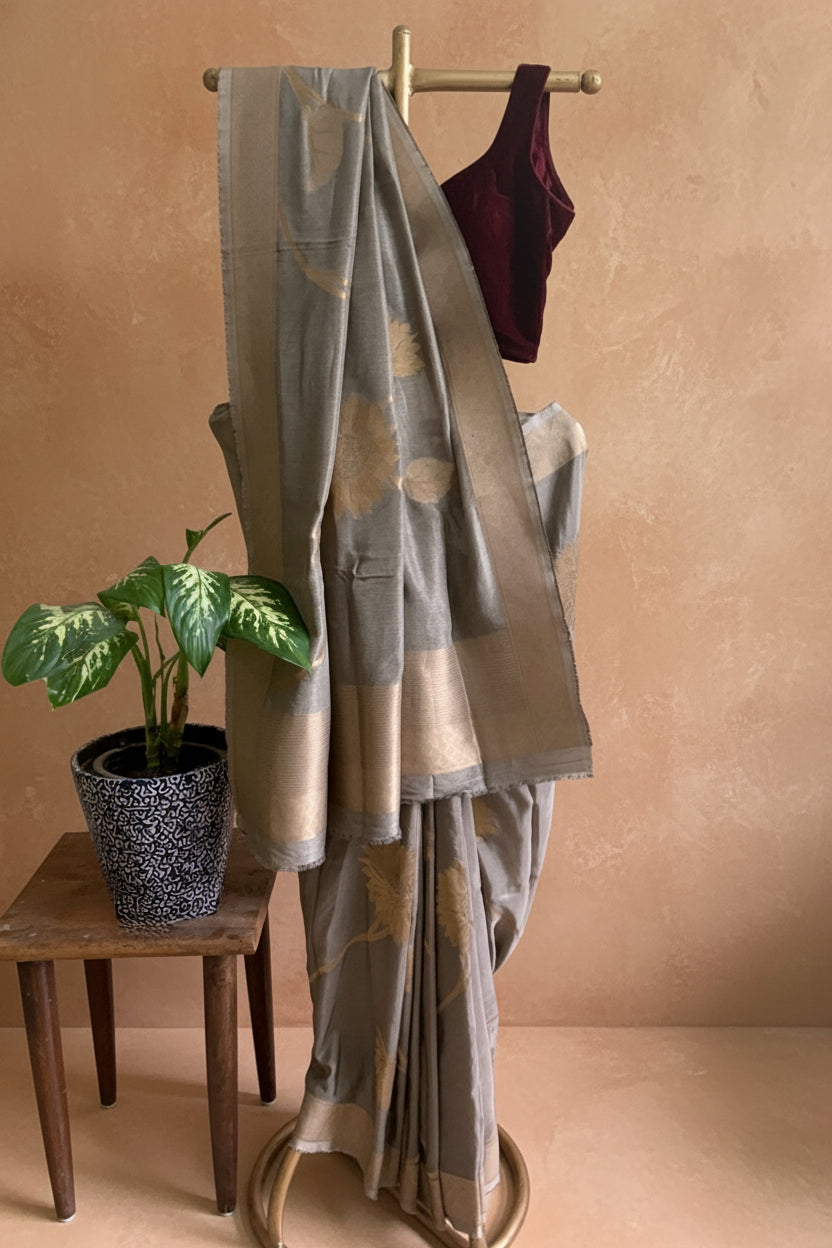 Grey silk banarasi saree