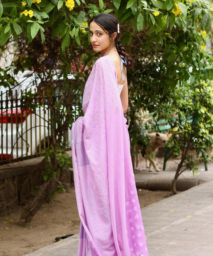Lavender summer dew block printed mulmul saree