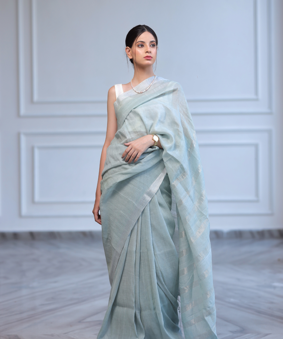 Mint handwoven linen zari saree
