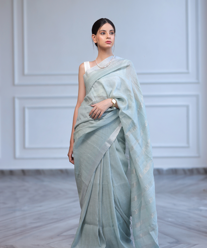 Mint handwoven linen zari saree