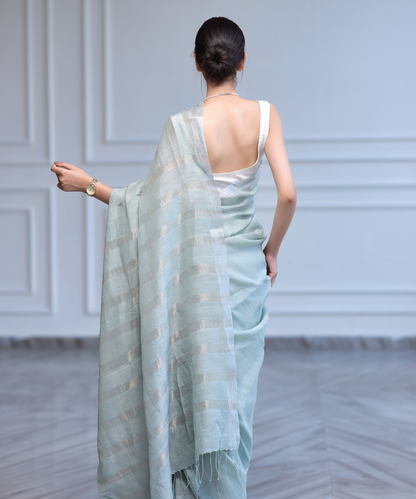 Mint handwoven linen zari saree