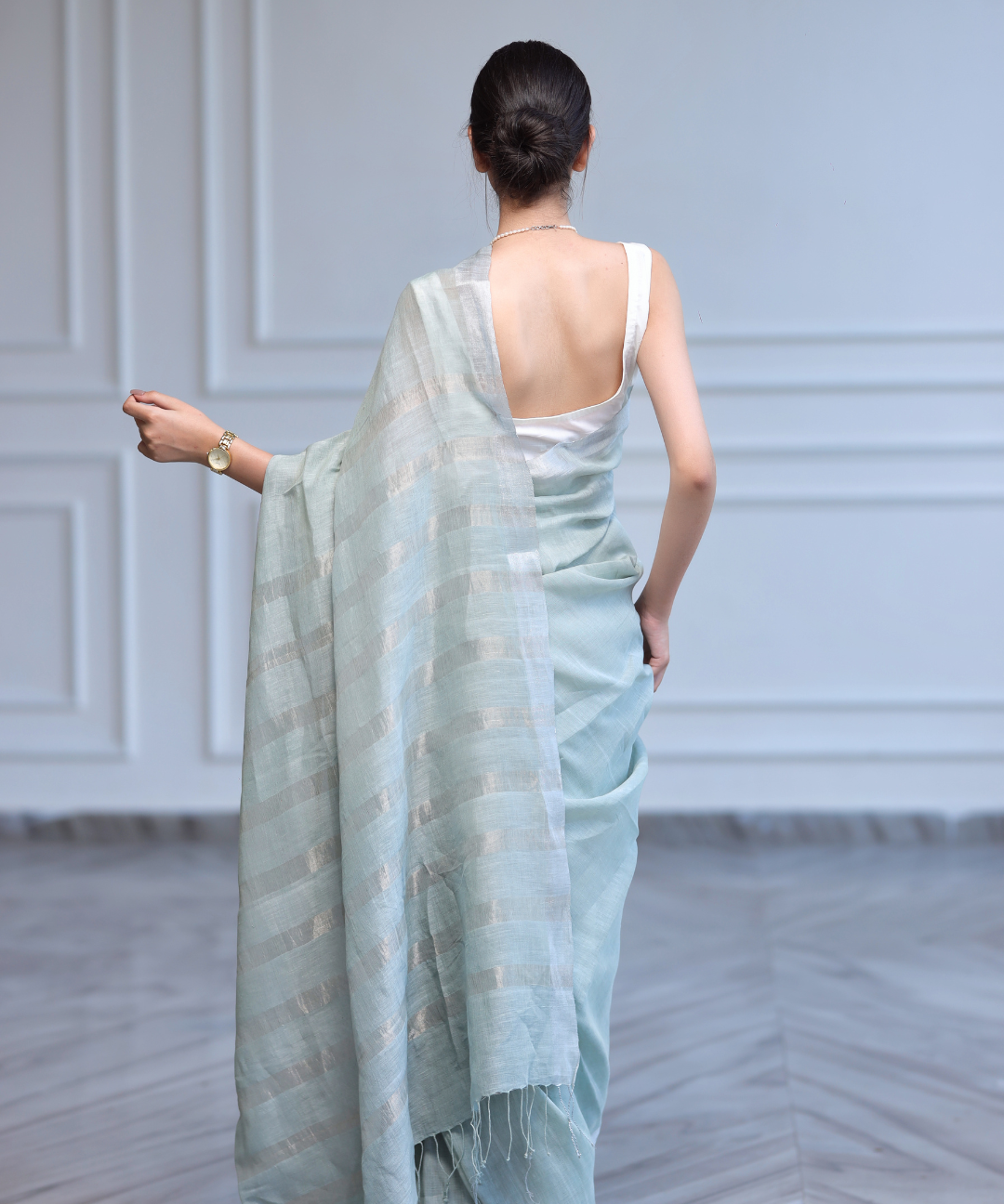 Mint handwoven linen zari saree
