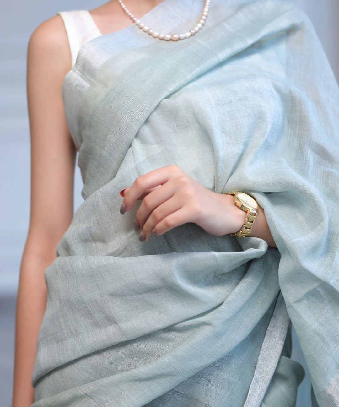 Mint handwoven linen zari saree