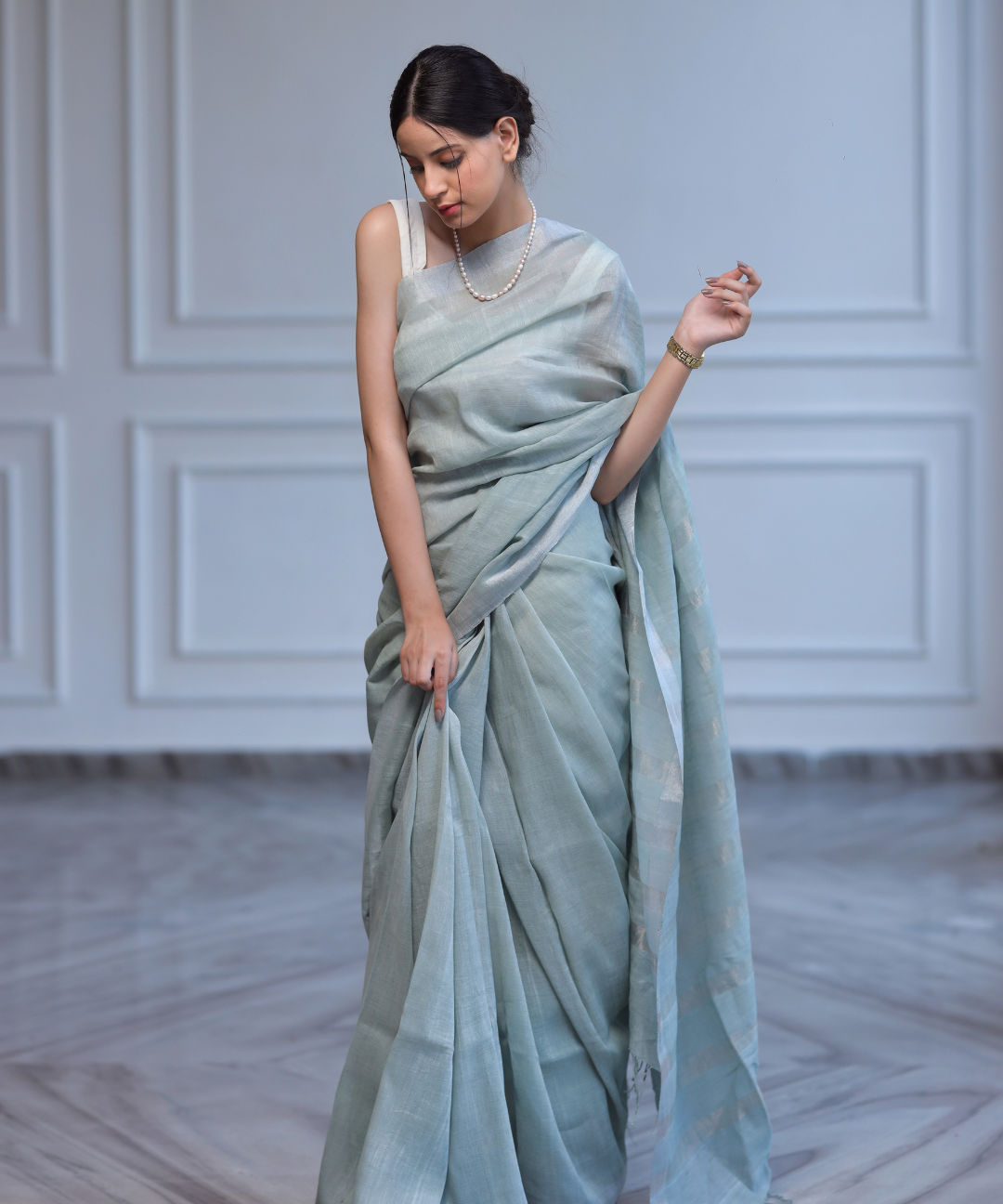 Mint handwoven linen zari saree