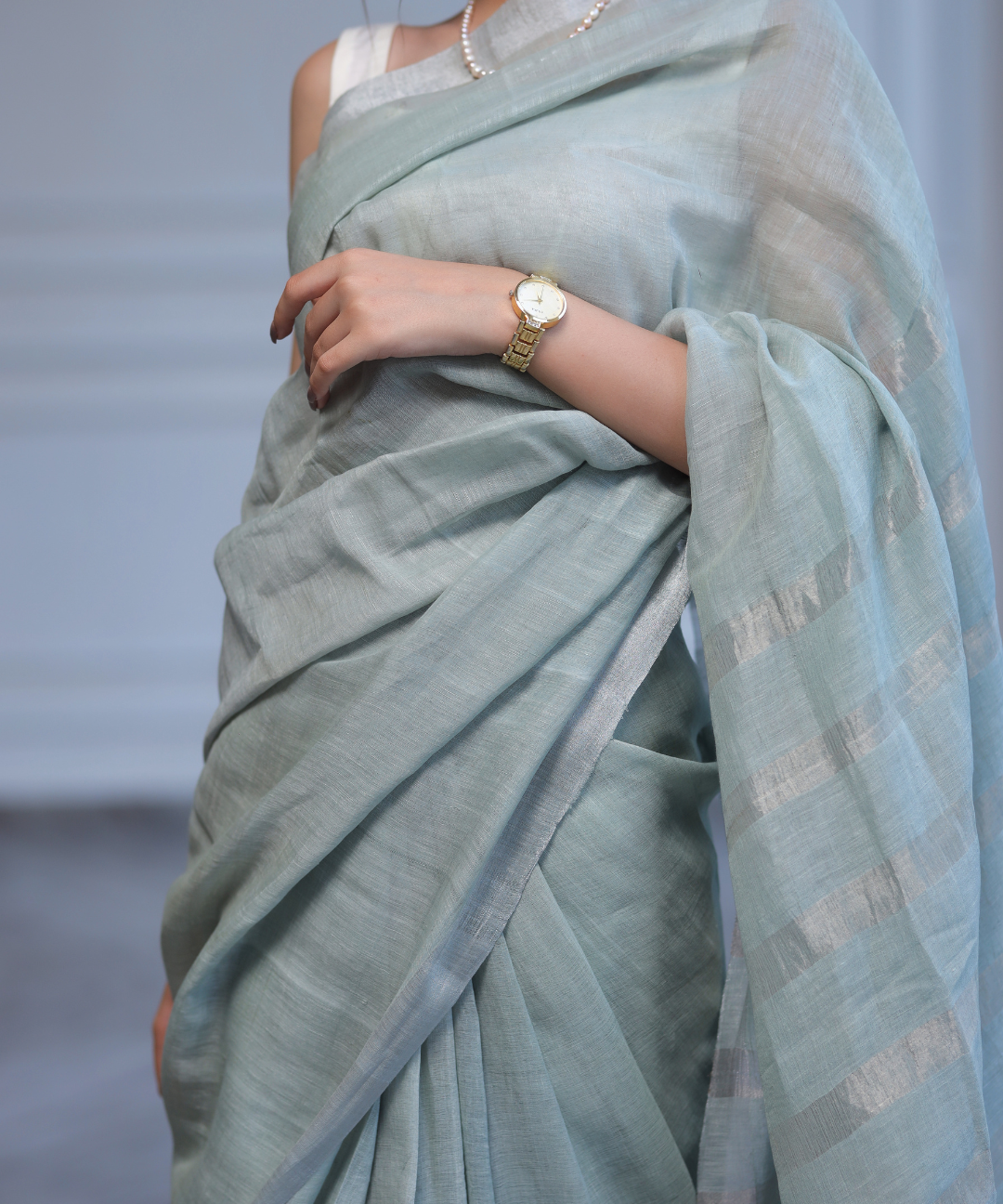 Mint handwoven linen zari saree