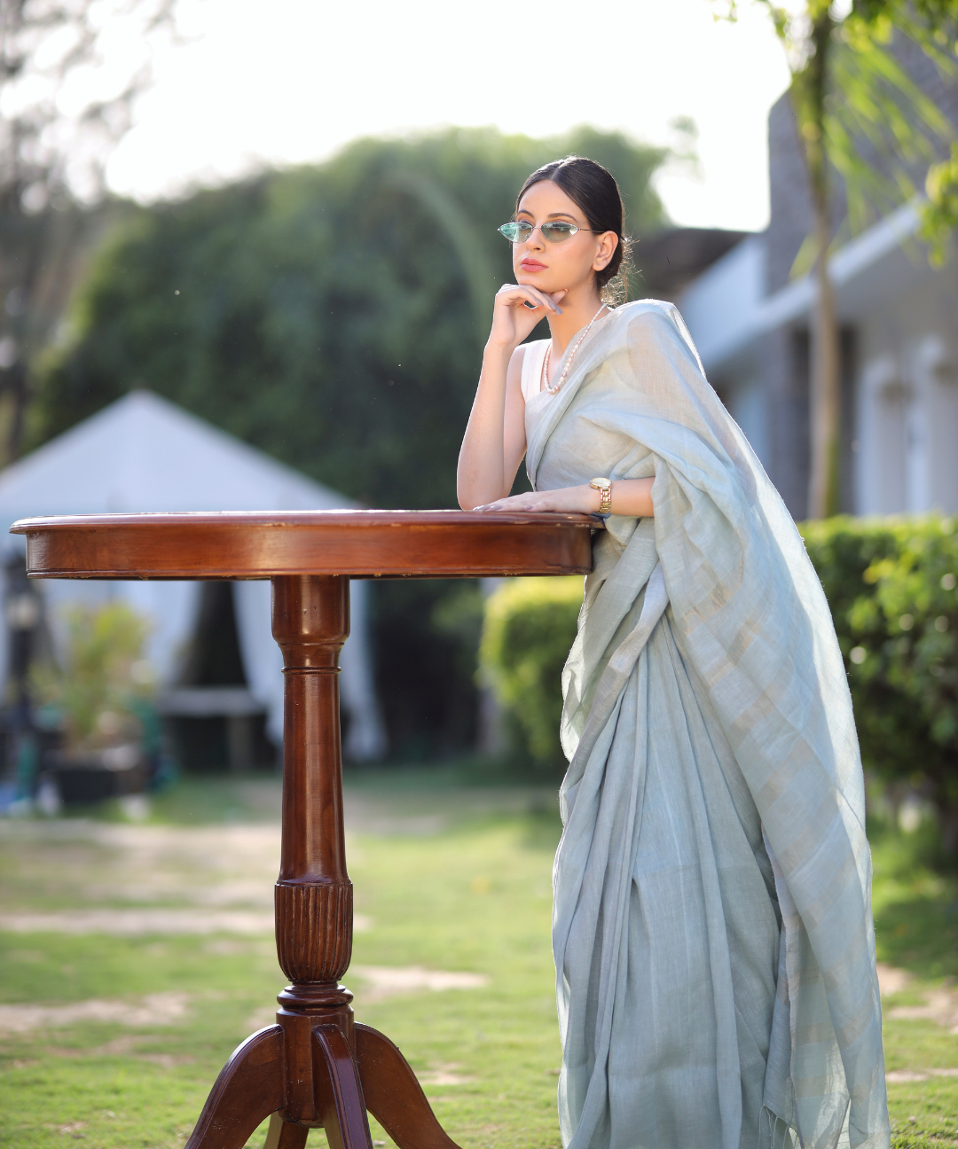 Mint handwoven linen zari saree