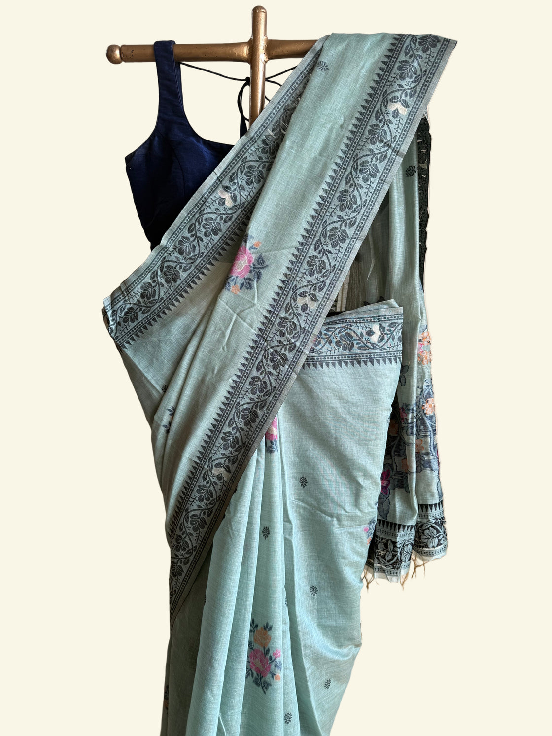 Sage green chanderi cotton jamdani saree