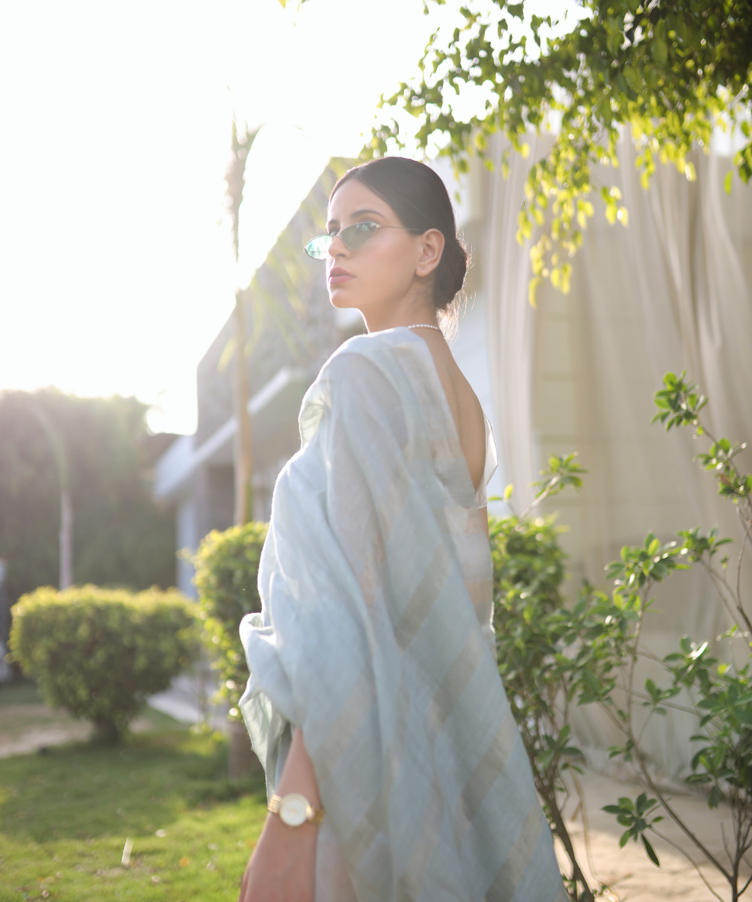 Mint handwoven linen zari saree